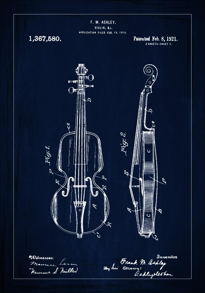 Disegni di brevetti - Violino - Blu Poster