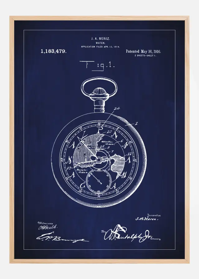 Disegni di brevetti - Orologio da tasca - Blu Poster