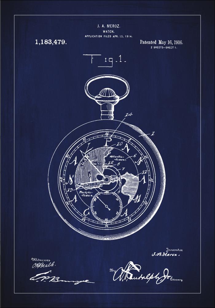 Disegni di brevetti - Orologio da tasca - Blu Poster