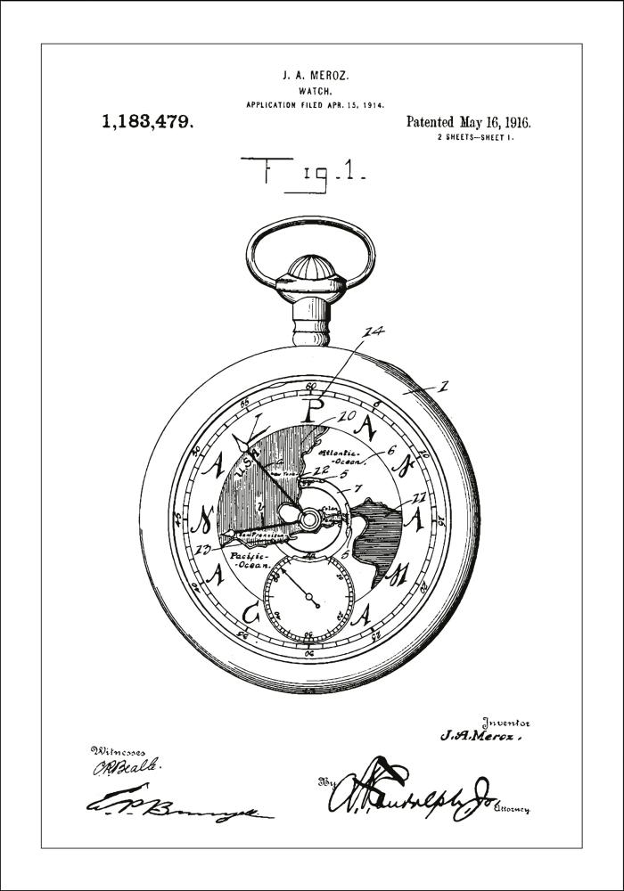 Disegni di brevetti - Orologio da tasca - Bianco Poster