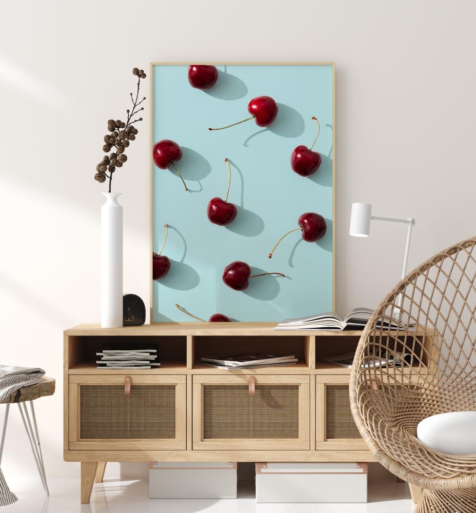 Cherries On Turquoise Poster