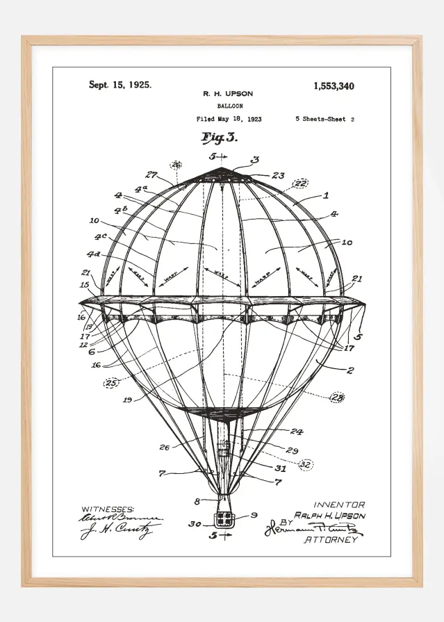 Disegni di brevetti - Mongolfiera - Bianco Poster