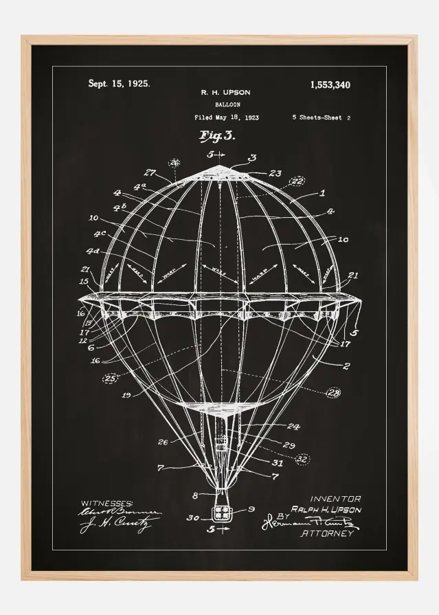 Disegni di brevetti - Mongolfiera - Nero Poster