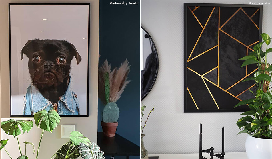 Arredamento ingresso - poster con cane e poster nero con linee dorate